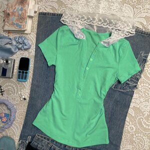 Original Green Lace Waist Slim Top T-Shirt Women